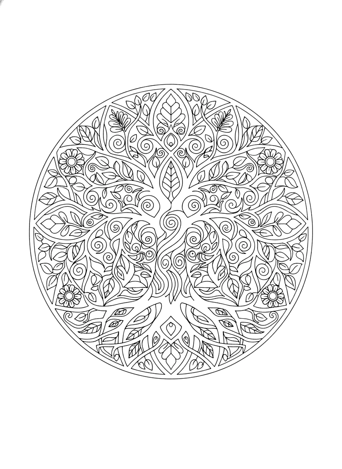 Tree of life mandala coloring page for adults: a tree of life inside a circle with roots and branches forming a mandala, black line art