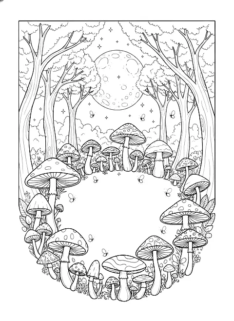 Fairy ring in the moonlight coloring page for adults: a fairy ring of mushrooms in the forest under the moonlight with fireflies, black line art