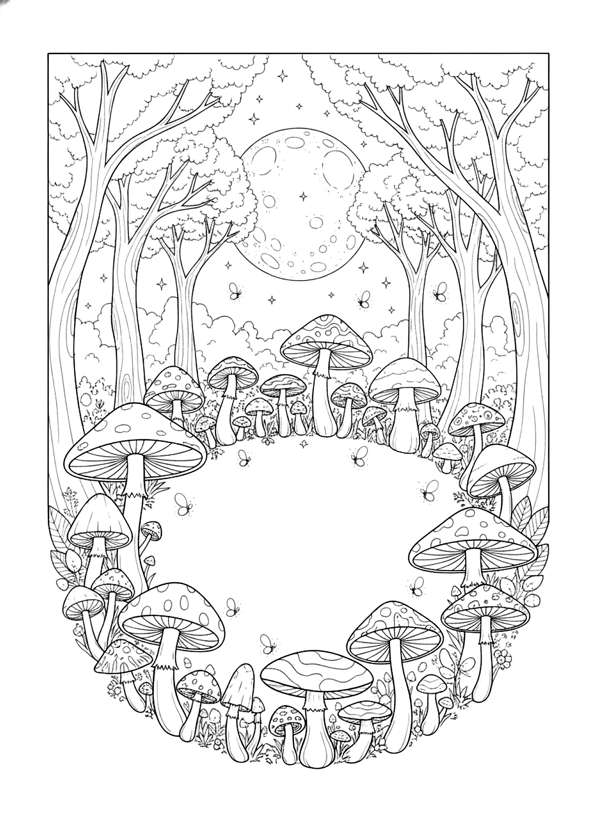 Fairy ring in the moonlight coloring page for adults: a fairy ring of mushrooms in the forest under the moonlight with fireflies, black line art