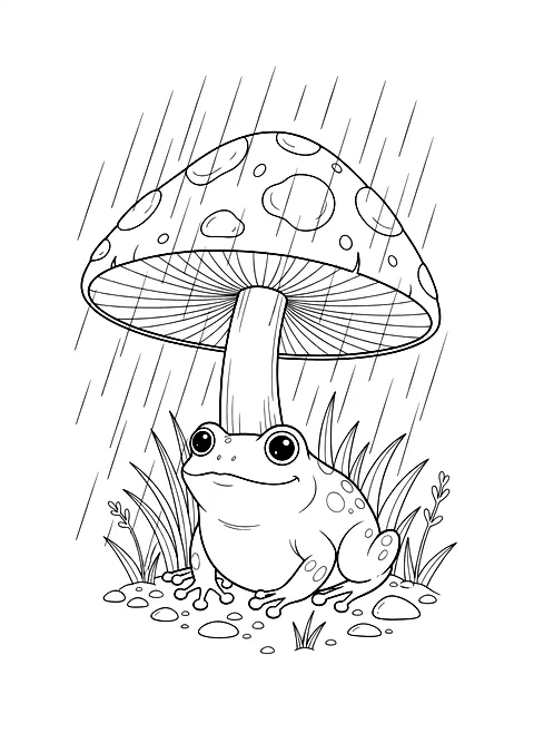 Frog under a toadstool coloring page for adults: a frog sheltering under a toadstool umbrella in the rain, black line art