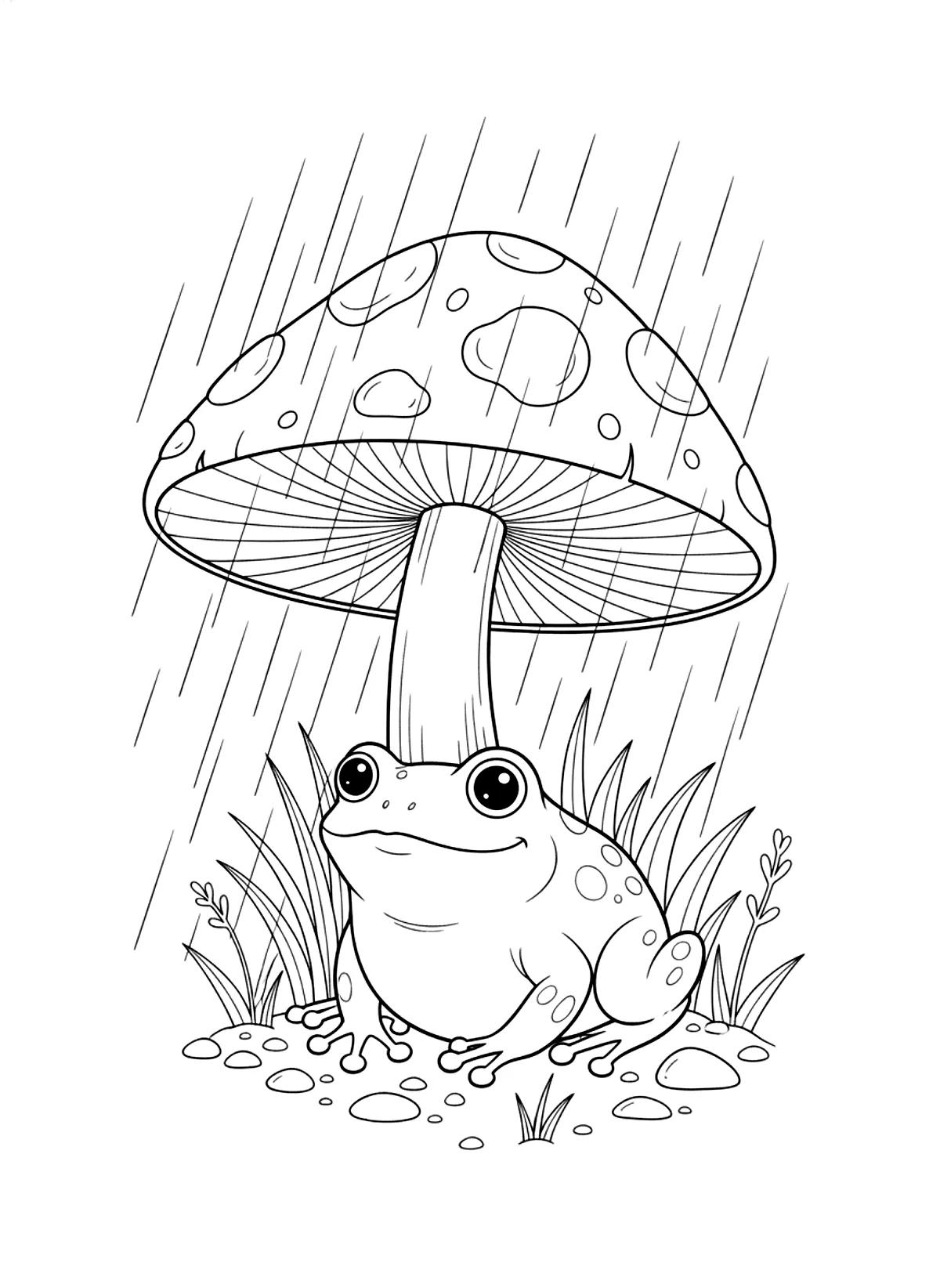 Frog under a toadstool coloring page for adults: a frog sheltering under a toadstool umbrella in the rain, black line art