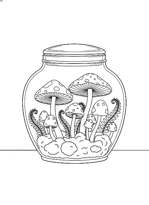 Mushrooms in a glass jar coloring page for adults: a glass jar terrarium with mushrooms, moss and tiny ferns, black line art
