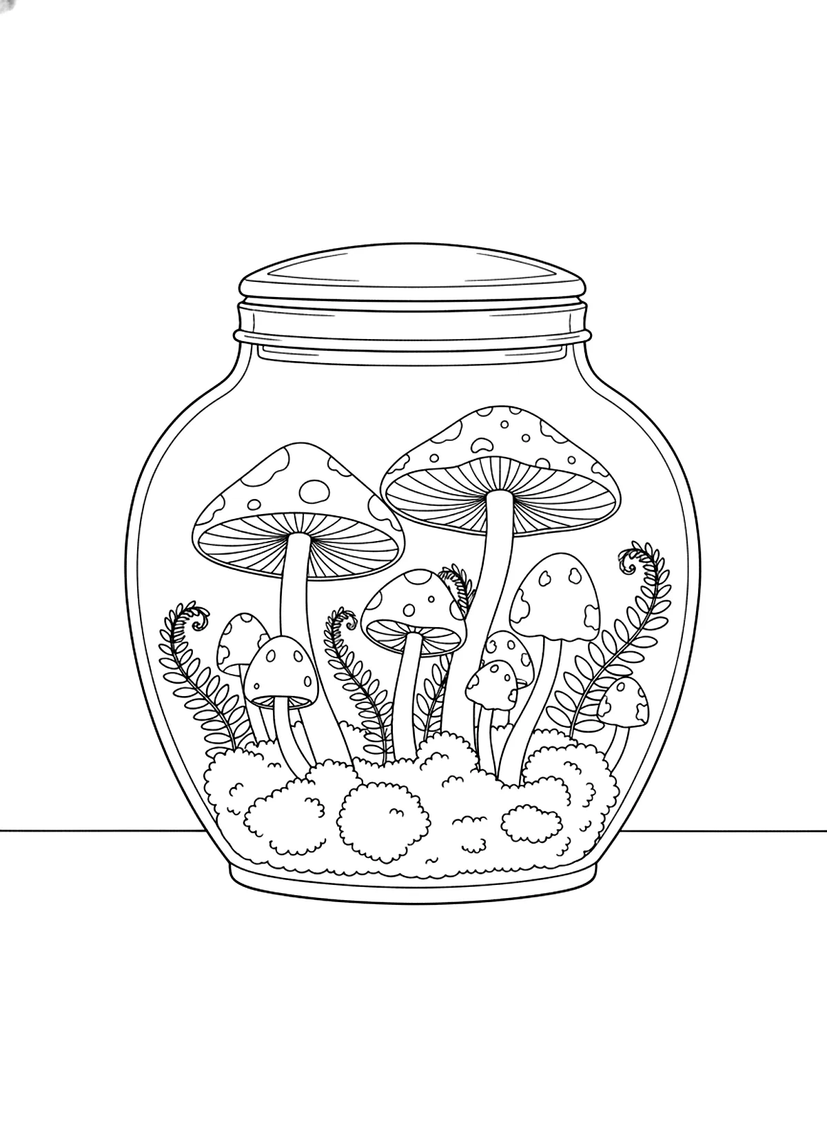 Mushrooms in a glass jar coloring page for adults: a glass jar terrarium with mushrooms, moss and tiny ferns, black line art