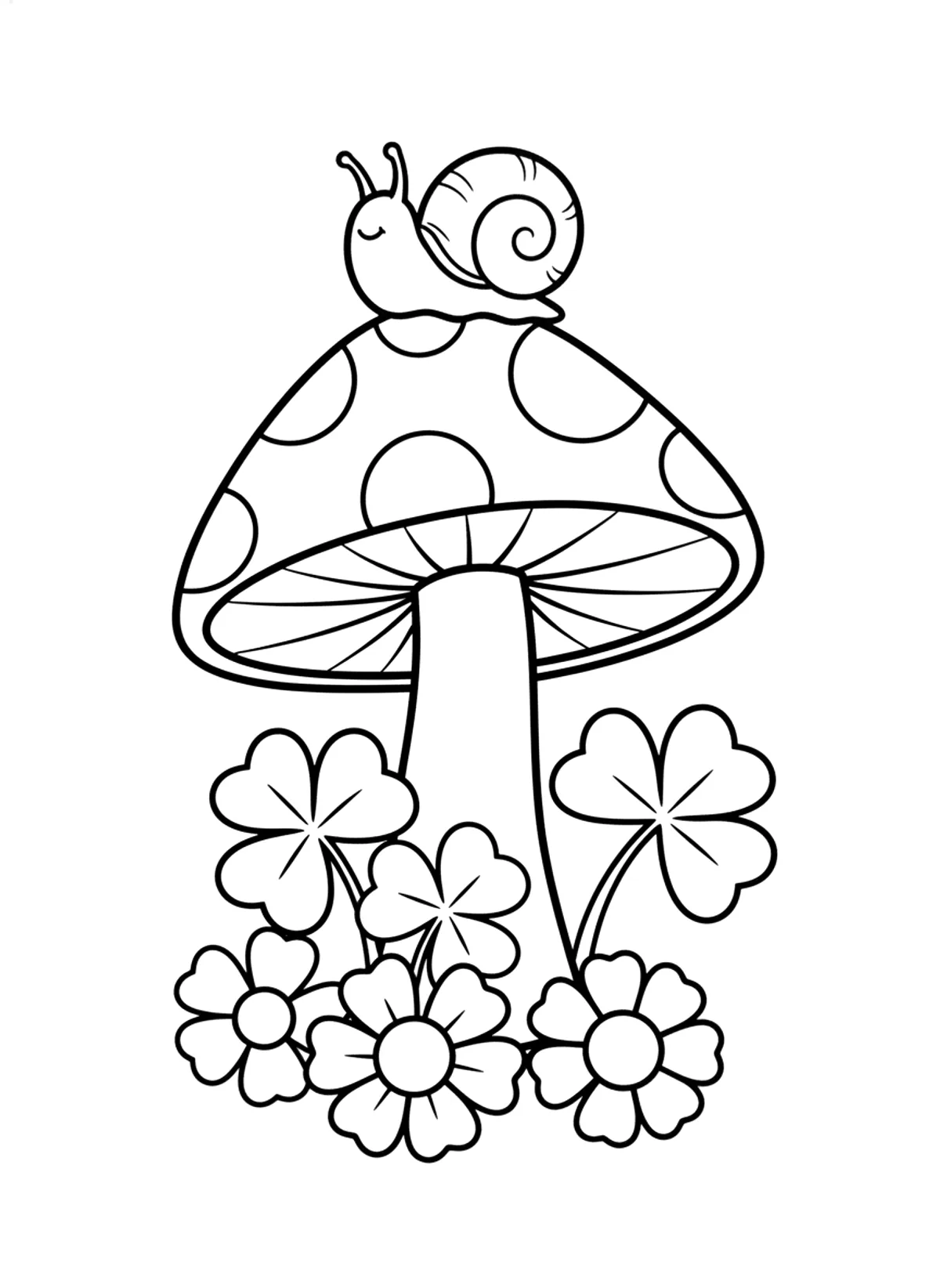 Snail on a mushroom coloring page for adults: a little snail climbing a big toadstool with clover and daisies, black line art