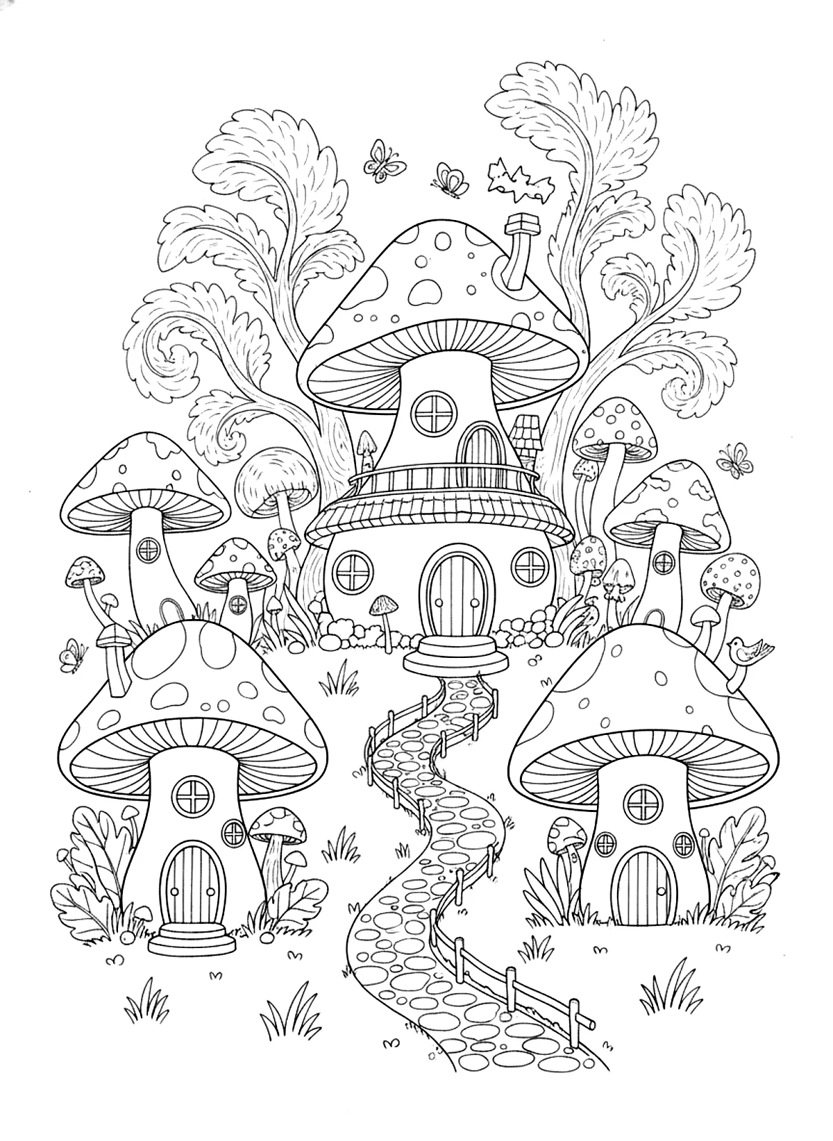 Mushroom house village coloring page for adults: a tiny village of mushroom houses with doors, windows and a winding path, black line art