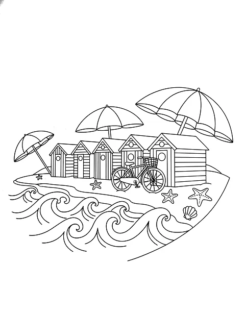 Beach huts by the shore coloring page for adults: a row of beach huts by the shore with a bicycle, umbrellas and the sea, black line art