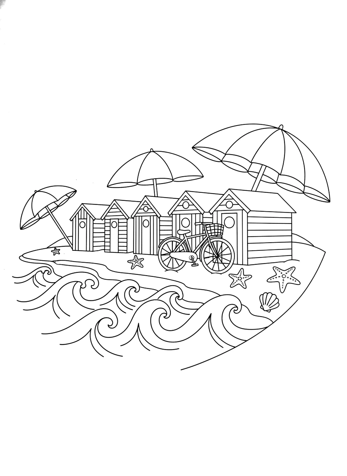Beach huts by the shore coloring page for adults: a row of beach huts by the shore with a bicycle, umbrellas and the sea, black line art