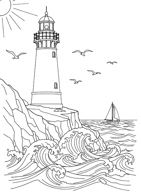 Lighthouse by the sea coloring page for adults: a lighthouse on rocky cliffs with waves, seagulls and a sailboat, black line art