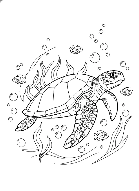 Sea turtle swimming coloring page for adults: a sea turtle swimming among bubbles, seaweed and small fish, black line art