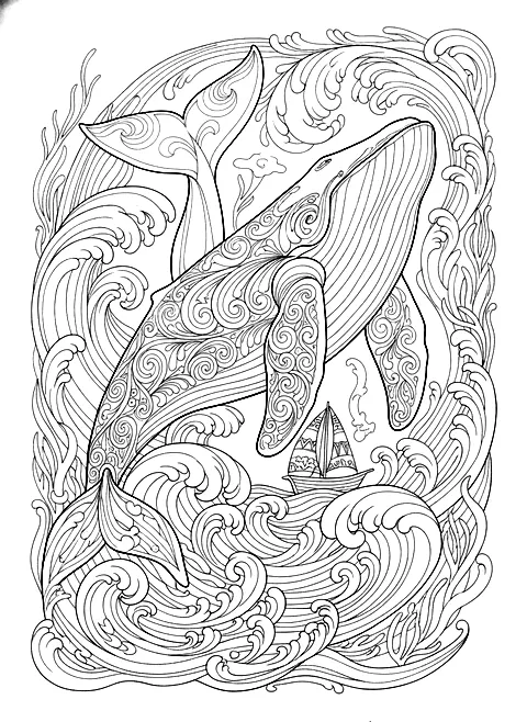 Whale and waves coloring page for adults: a big whale swimming with ornamental waves and a small boat, black line art