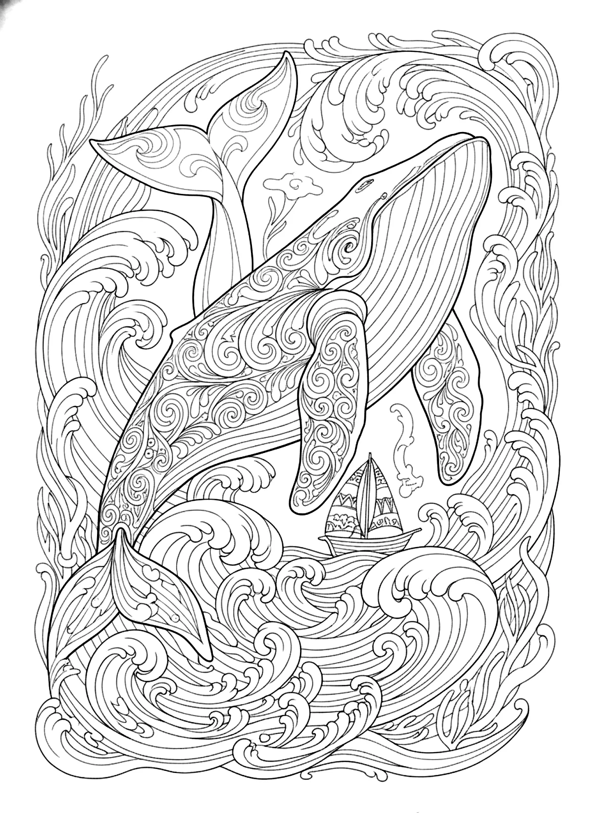 Whale and waves coloring page for adults: a big whale swimming with ornamental waves and a small boat, black line art