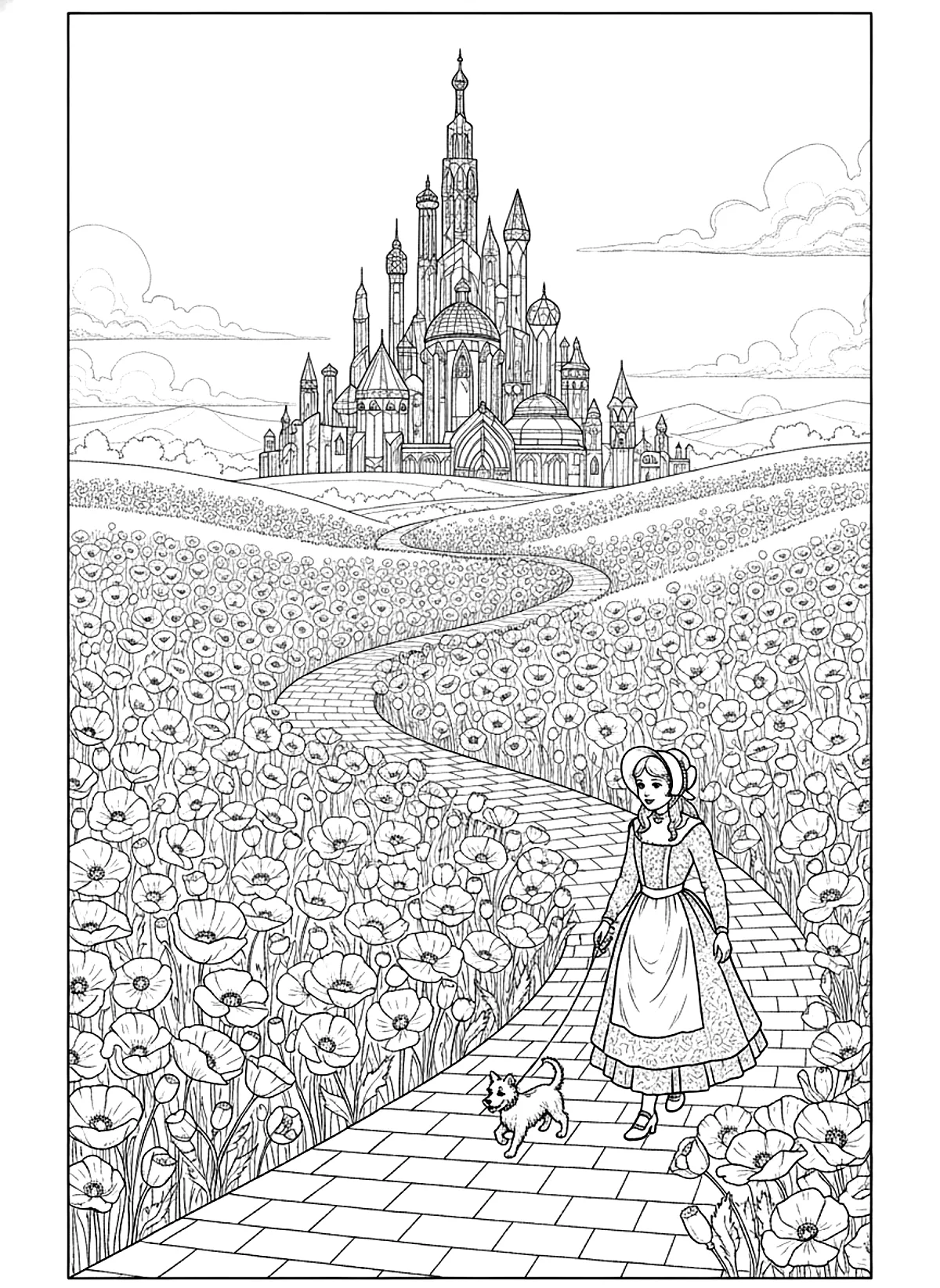 Wizard of Oz coloring page of a winding brick road through poppy fields toward a distant Emerald City, with a girl and a small dog