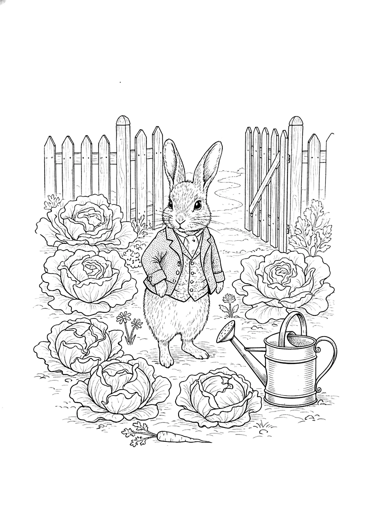 Peter Rabbit style coloring page of a little rabbit in a jacket in a vegetable garden with lettuces, a watering can and a wooden gate