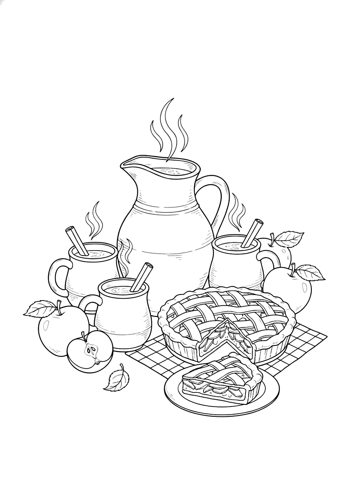 Apple cider and pie coloring page for adults: a jug of apple cider, mugs with cinnamon sticks, apples and an apple pie, black line art