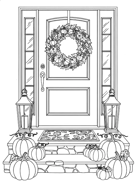 Front door with a harvest wreath coloring page for adults: a front door with a harvest wreath, pumpkins on the steps, a welcome mat and lanterns, black line art