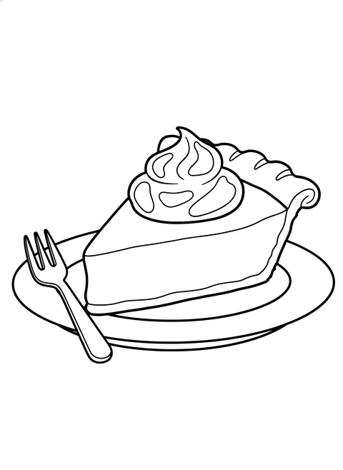 Bold slice of pie coloring page for adults: a big simple slice of pumpkin pie with whipped cream on a plate with a fork, black line art