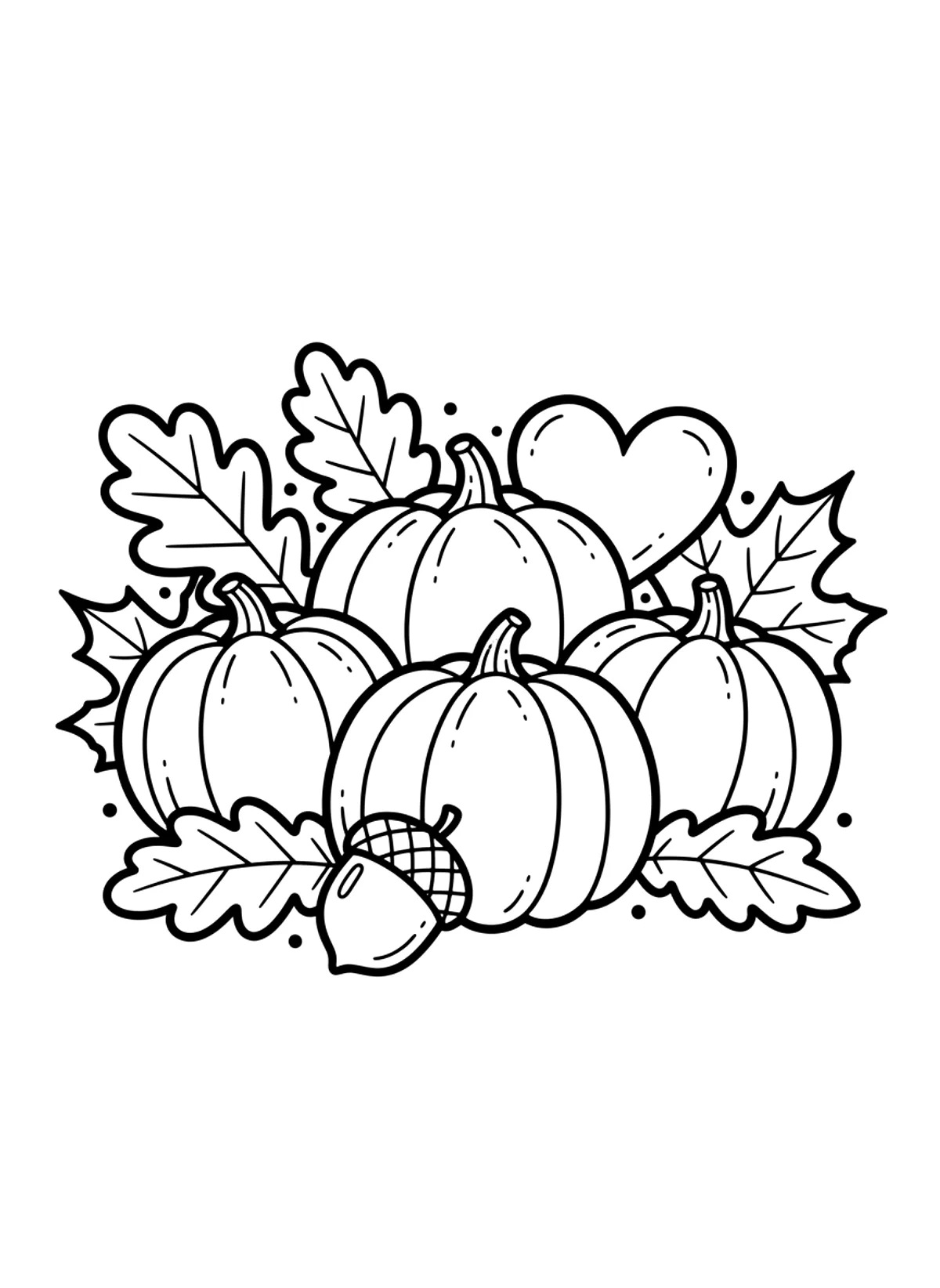 Bold pumpkins and leaves coloring page for adults: three simple pumpkins with big autumn leaves and an acorn, black line art