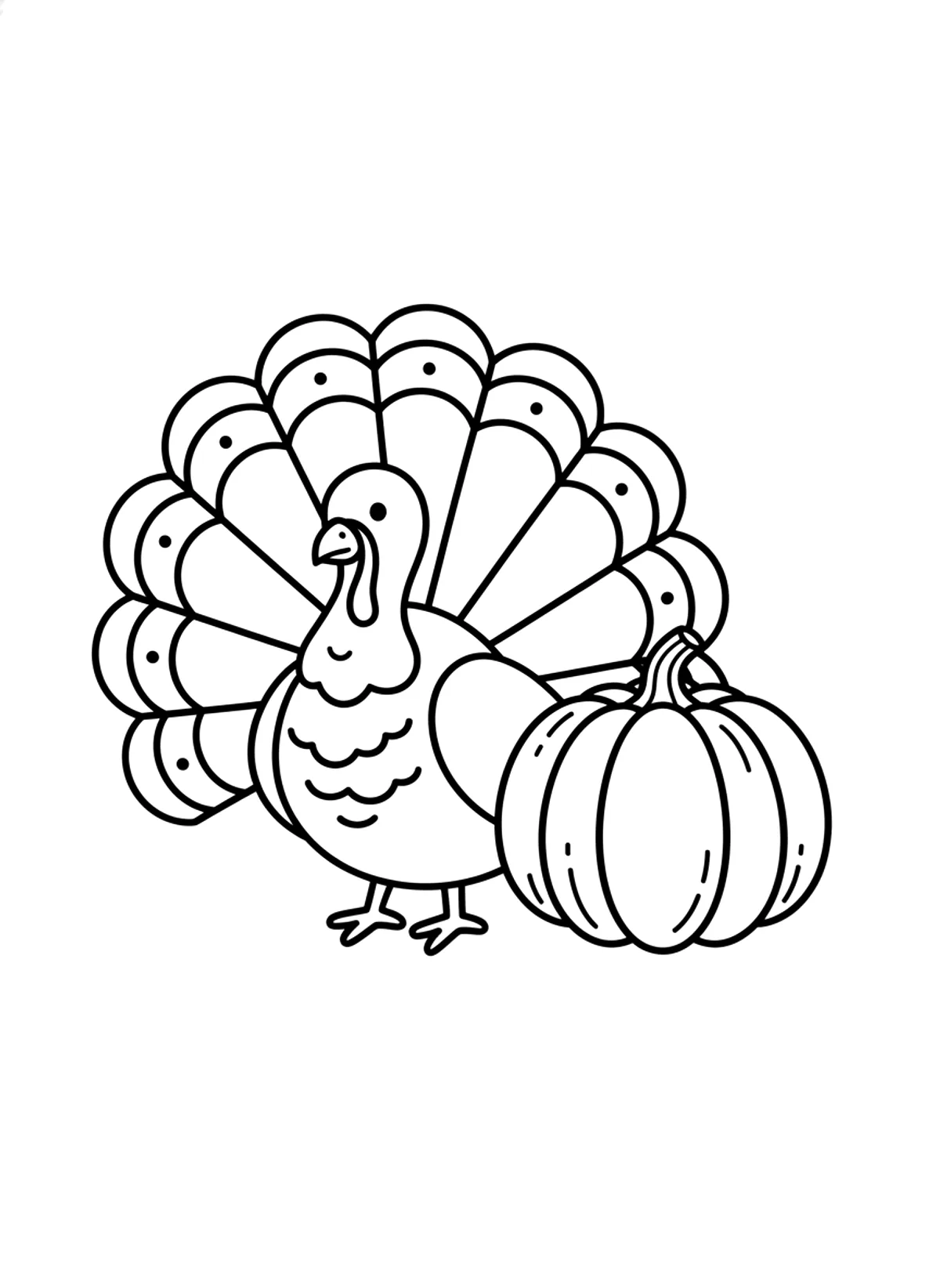 Bold little turkey coloring page for adults: a cute simple turkey with big round tail feathers and a pumpkin, black line art