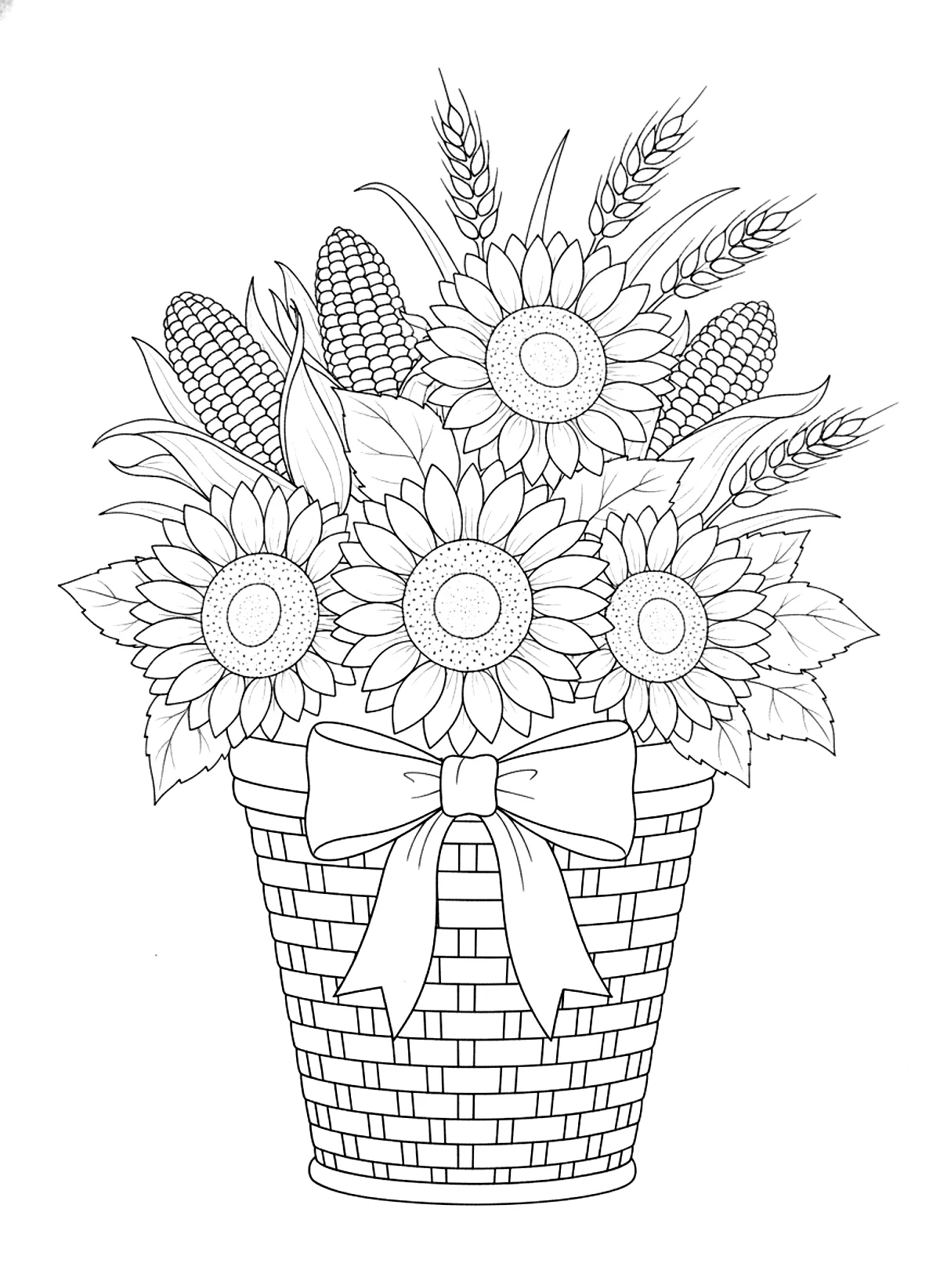 Corn and sunflowers coloring page for adults: dried corn cobs, sunflowers and wheat tied with a ribbon in a basket, black line art