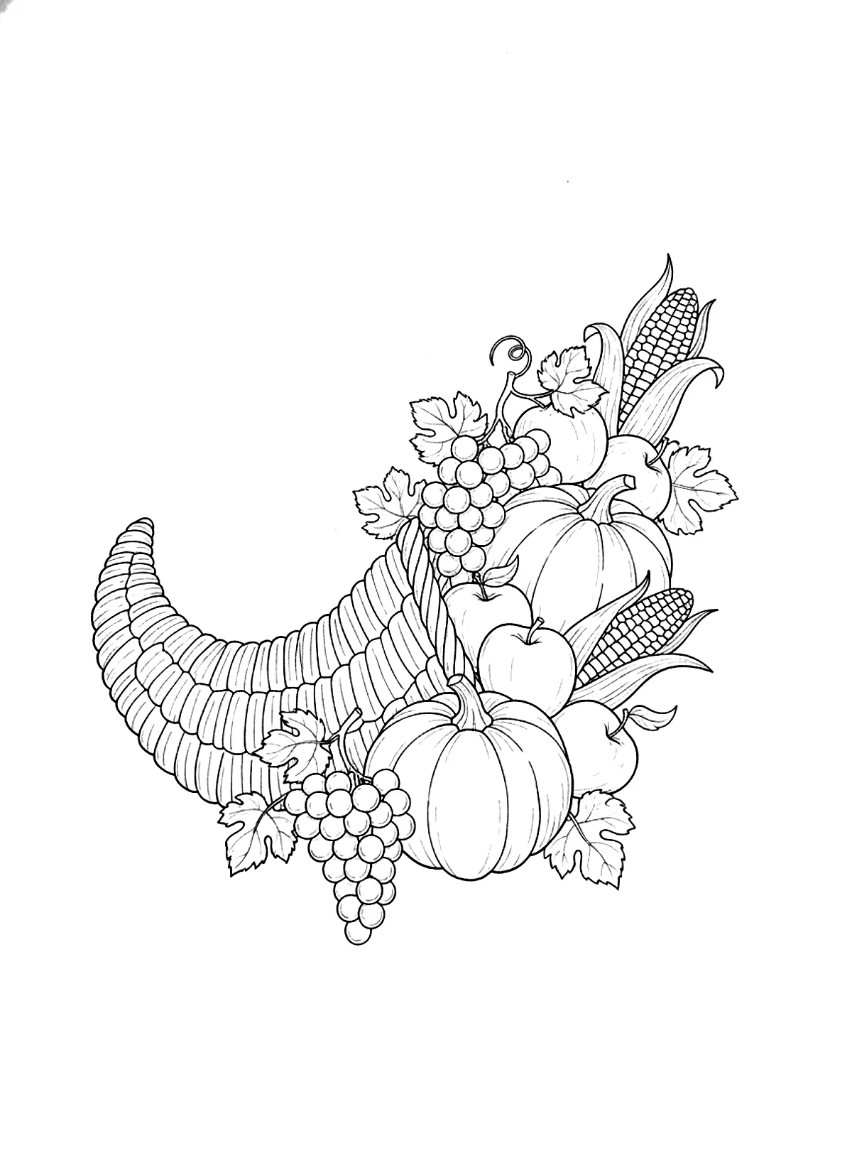 Cornucopia of the harvest coloring page for adults: a cornucopia overflowing with pumpkins, apples, grapes and corn, black line art