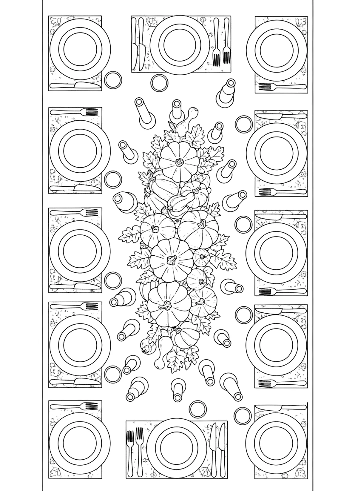 Set table for the family coloring page for adults: a long set table with candles, plates, a centerpiece of gourds and leaves, seen from above, black line art