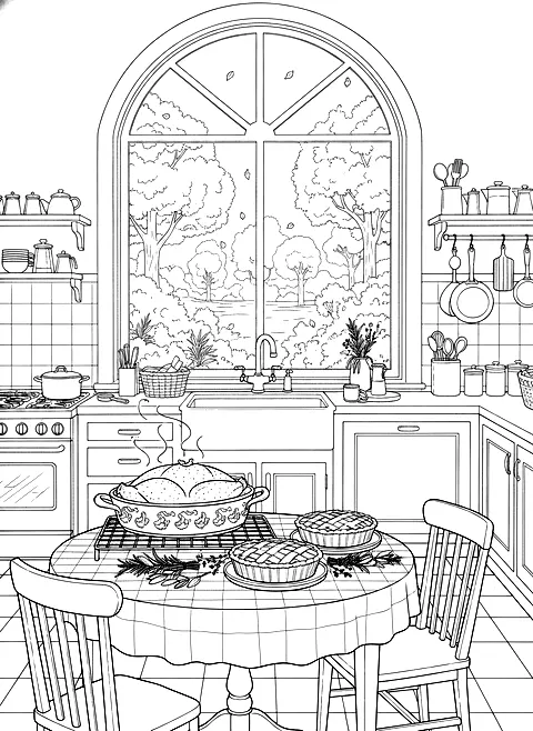 Thanksgiving kitchen coloring page for adults: a cozy kitchen on Thanksgiving morning with a roasting pan, pies cooling on the counter, herbs and a window with autumn trees, black line art