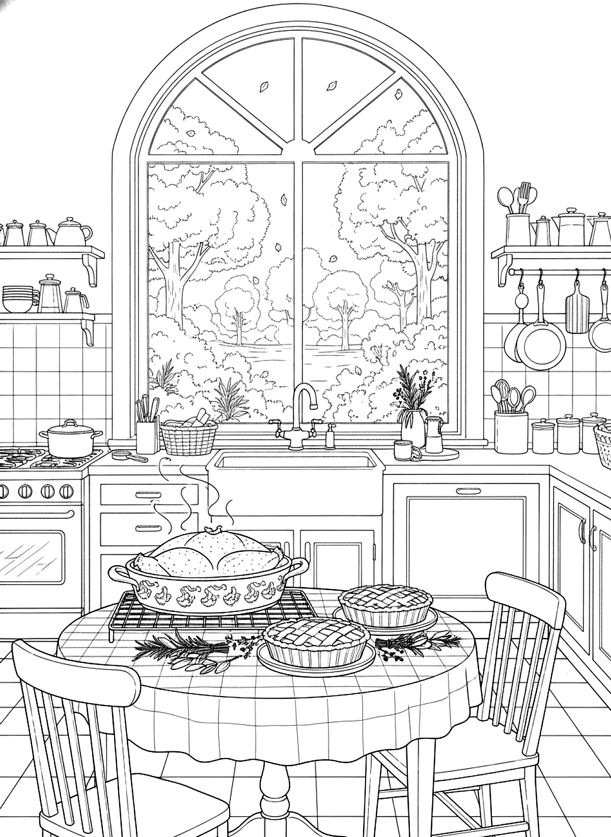 Thanksgiving kitchen coloring page for adults: a cozy kitchen on Thanksgiving morning with a roasting pan, pies cooling on the counter, herbs and a window with autumn trees, black line art