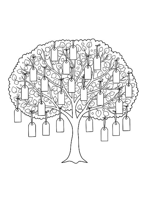 Gratitude tree coloring page for adults: a big autumn tree with round leaves and paper tags hanging from its branches, no writing, black line art