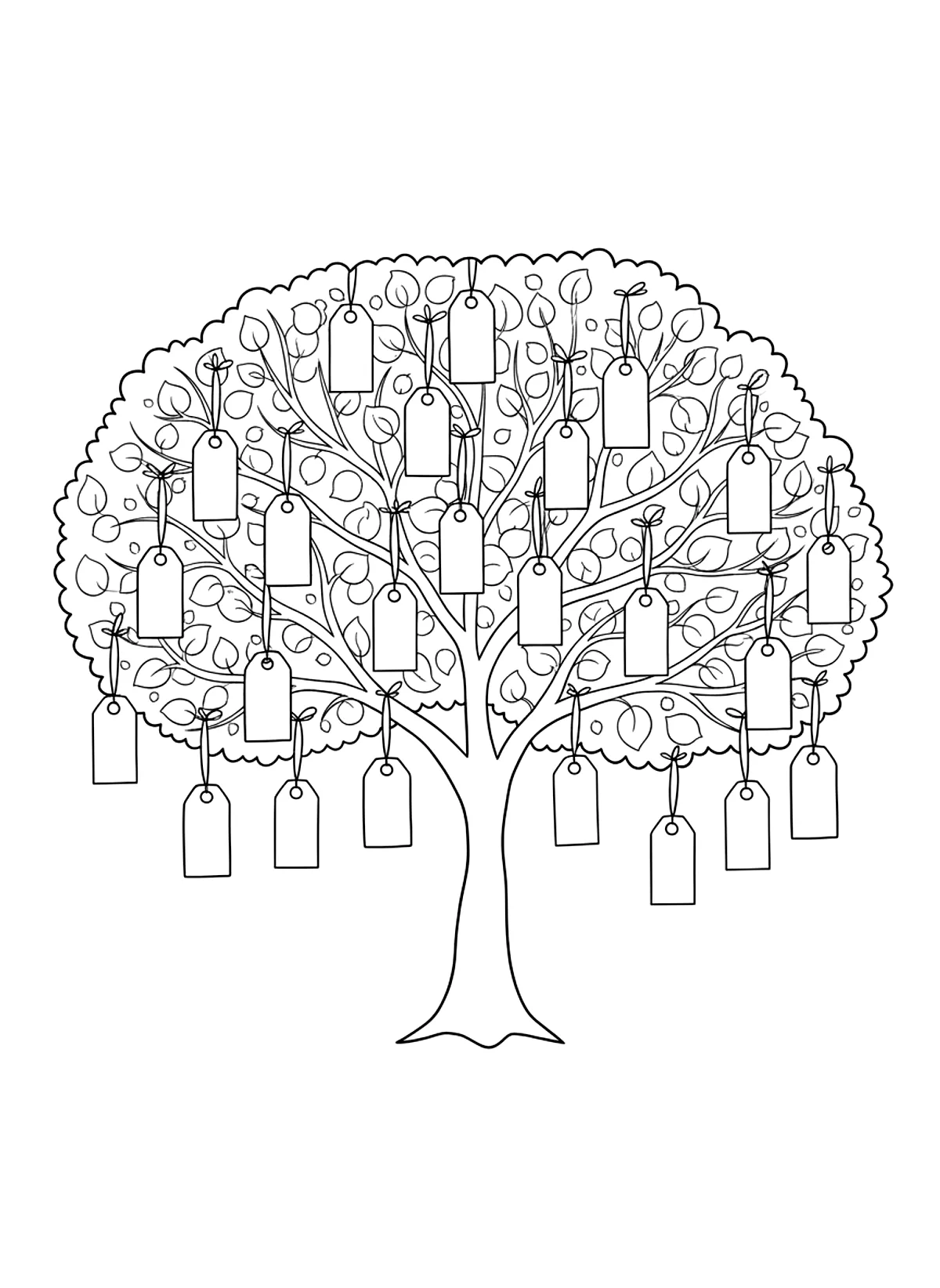 Gratitude tree coloring page for adults: a big autumn tree with round leaves and paper tags hanging from its branches, no writing, black line art