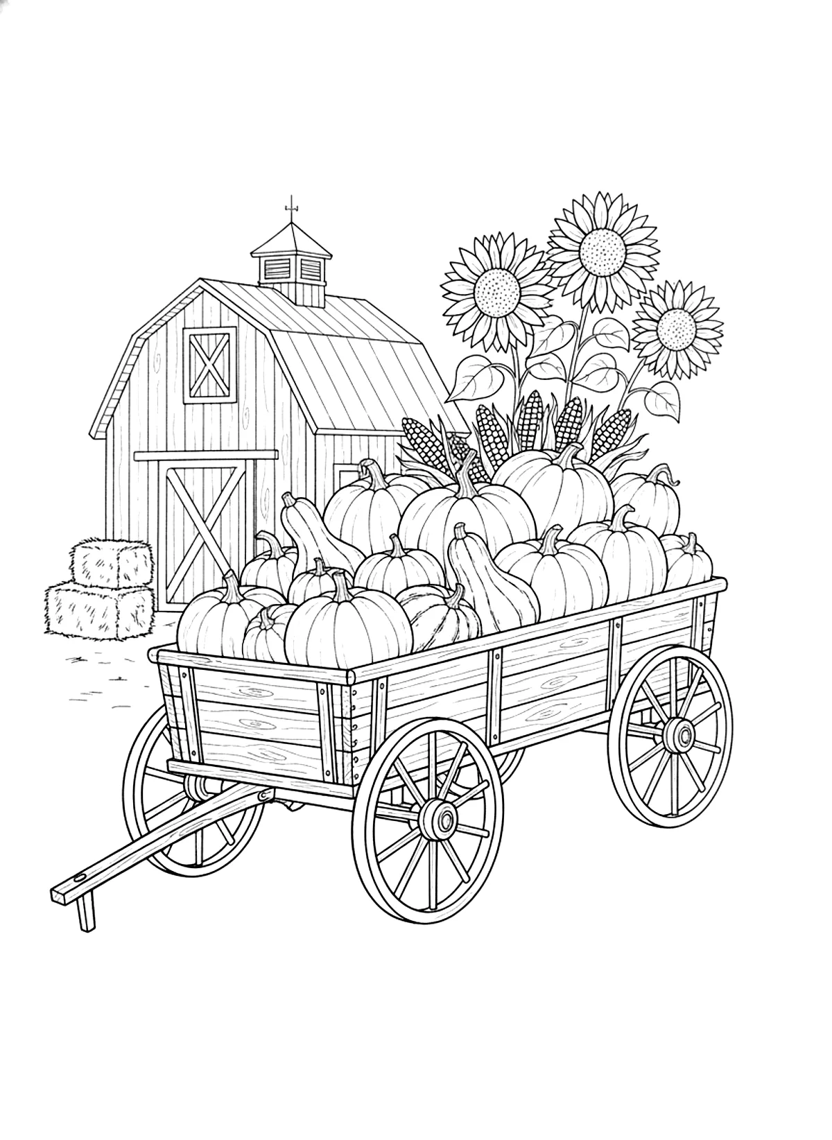 Harvest wagon coloring page for adults: a wooden wagon full of pumpkins, squash, corn and sunflowers by a barn, black line art