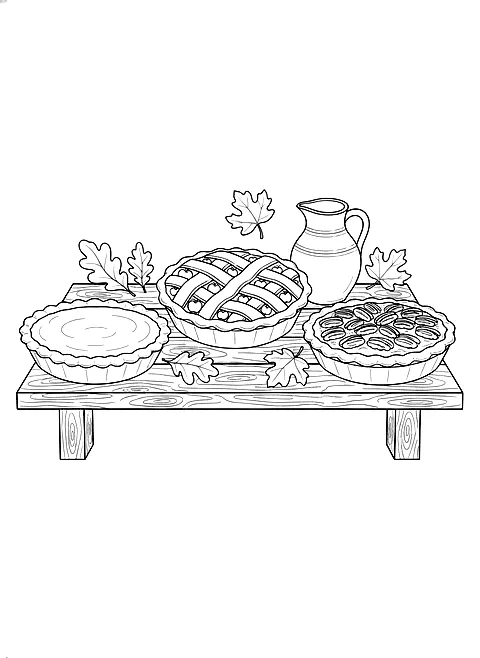 Pies on the harvest table coloring page for adults: three pies on a rustic table, apple pie with a lattice crust, pumpkin pie and pecan pie, with leaves and a jug, black line art