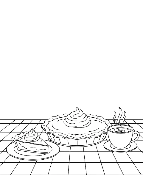 Pumpkin pie and coffee coloring page for adults: a pumpkin pie with whipped cream, a slice on a plate and a coffee cup on a checked tablecloth, black line art