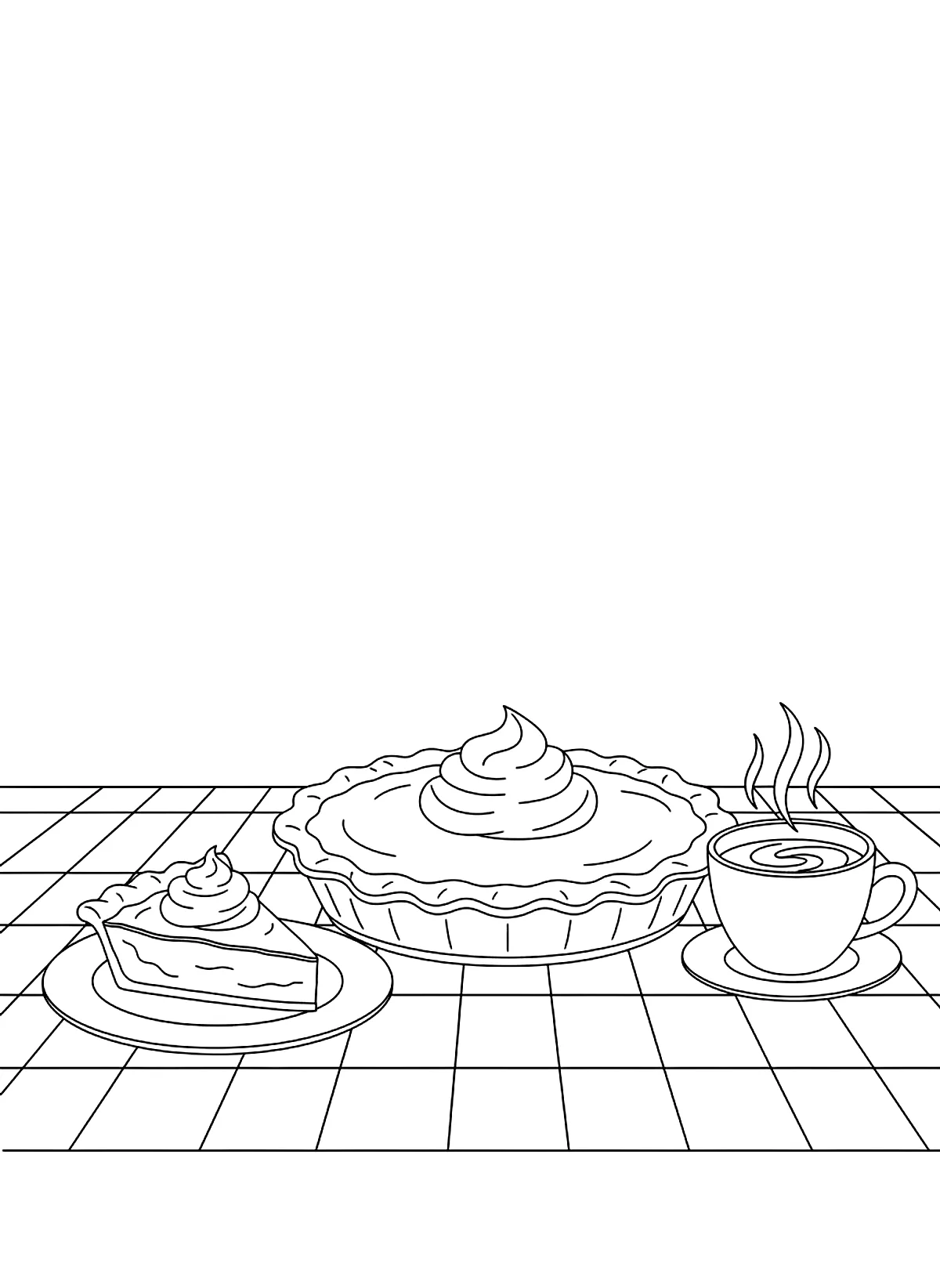 Pumpkin pie and coffee coloring page for adults: a pumpkin pie with whipped cream, a slice on a plate and a coffee cup on a checked tablecloth, black line art