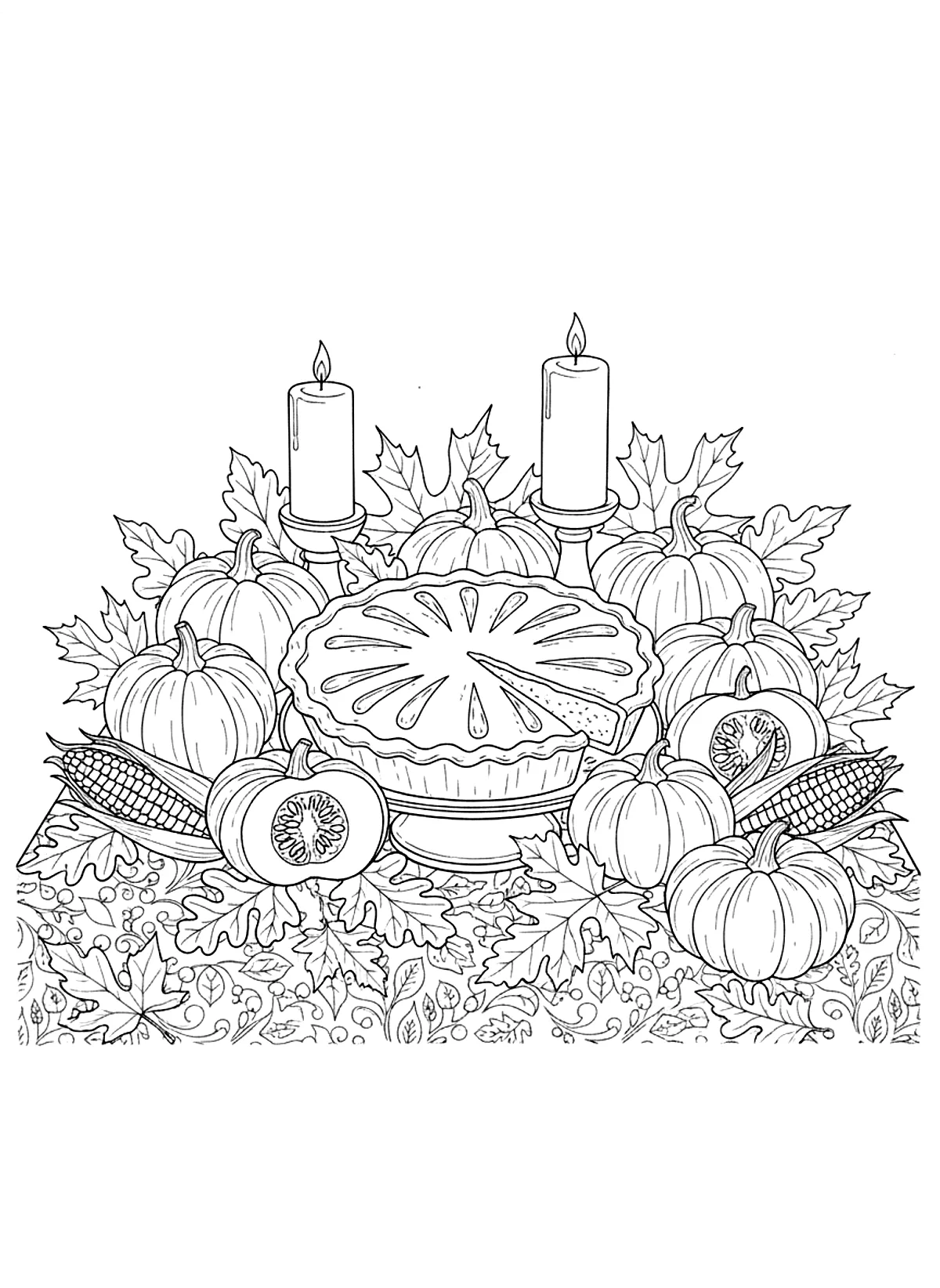 Thanksgiving coloring page for adults with a harvest table, pie, pumpkins, corn, autumn leaves and candles