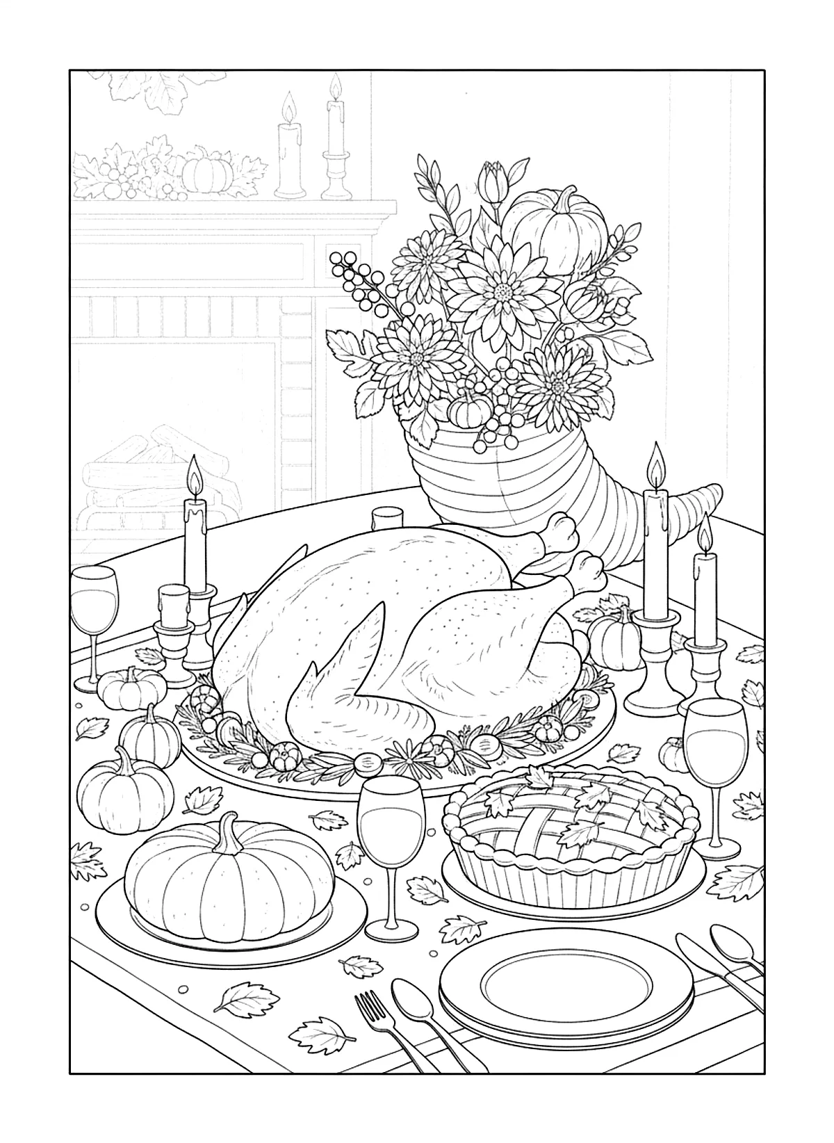 Thanksgiving dinner for two coloring page for adults: a cozy thanksgiving dinner setting with a roast, candles, pie and autumn flowers, black line art