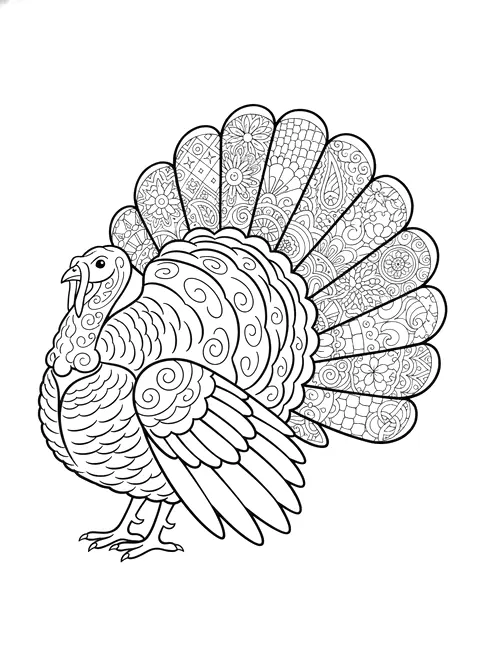 Ornamental turkey coloring page for adults: a turkey with fanned tail feathers made of ornamental patterns, black line art
