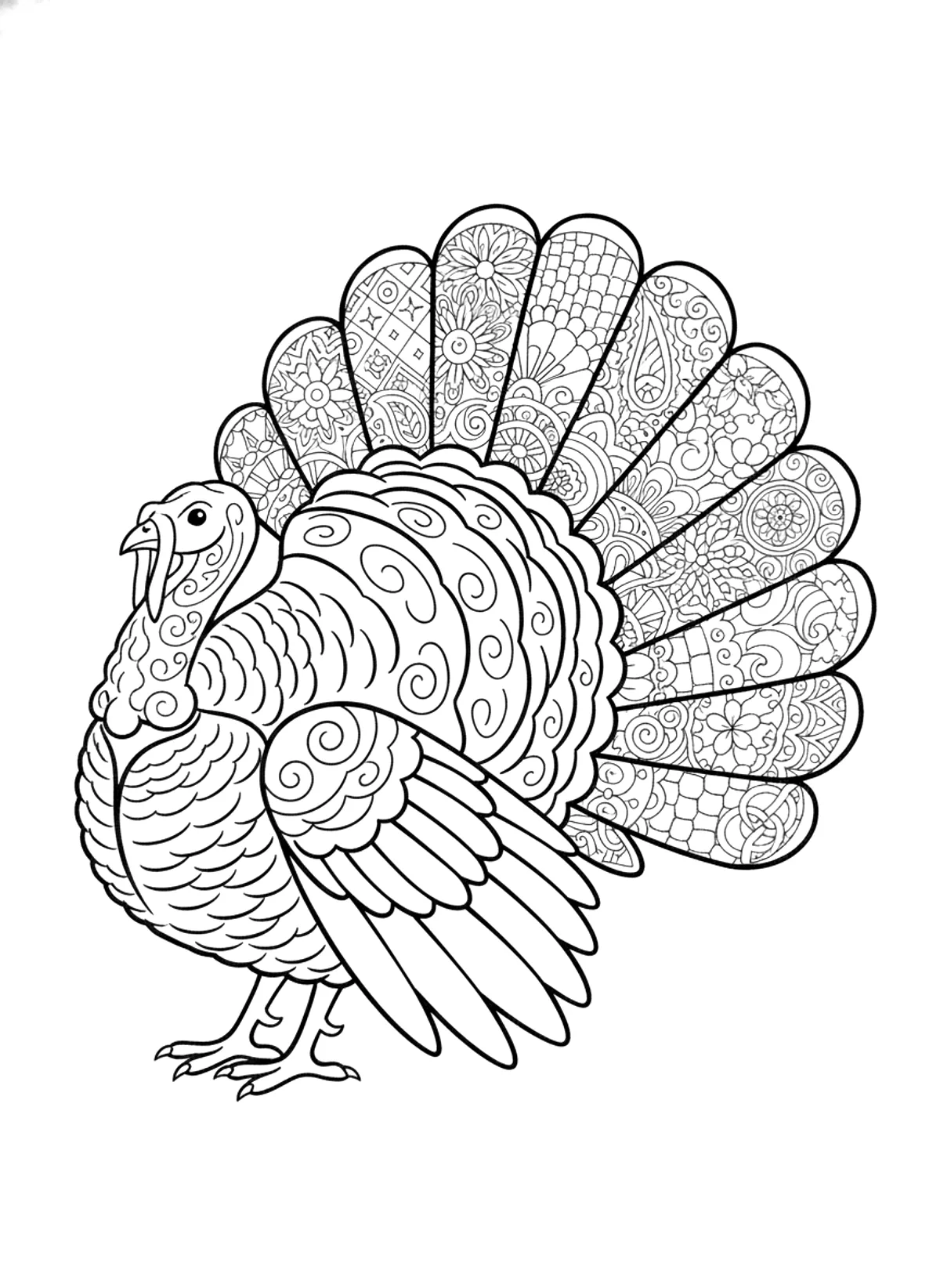 Ornamental turkey coloring page for adults: a turkey with fanned tail feathers made of ornamental patterns, black line art
