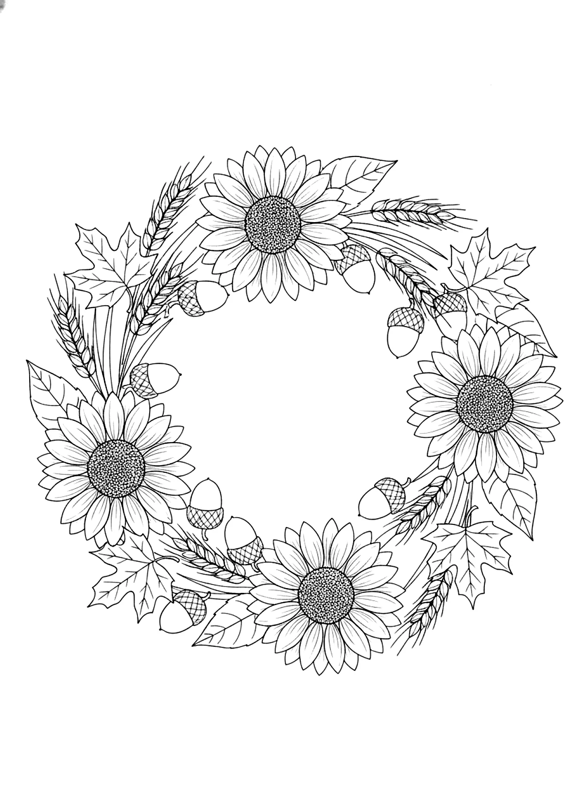 Autumn harvest wreath coloring page with sunflowers, wheat, acorns and maple leaves