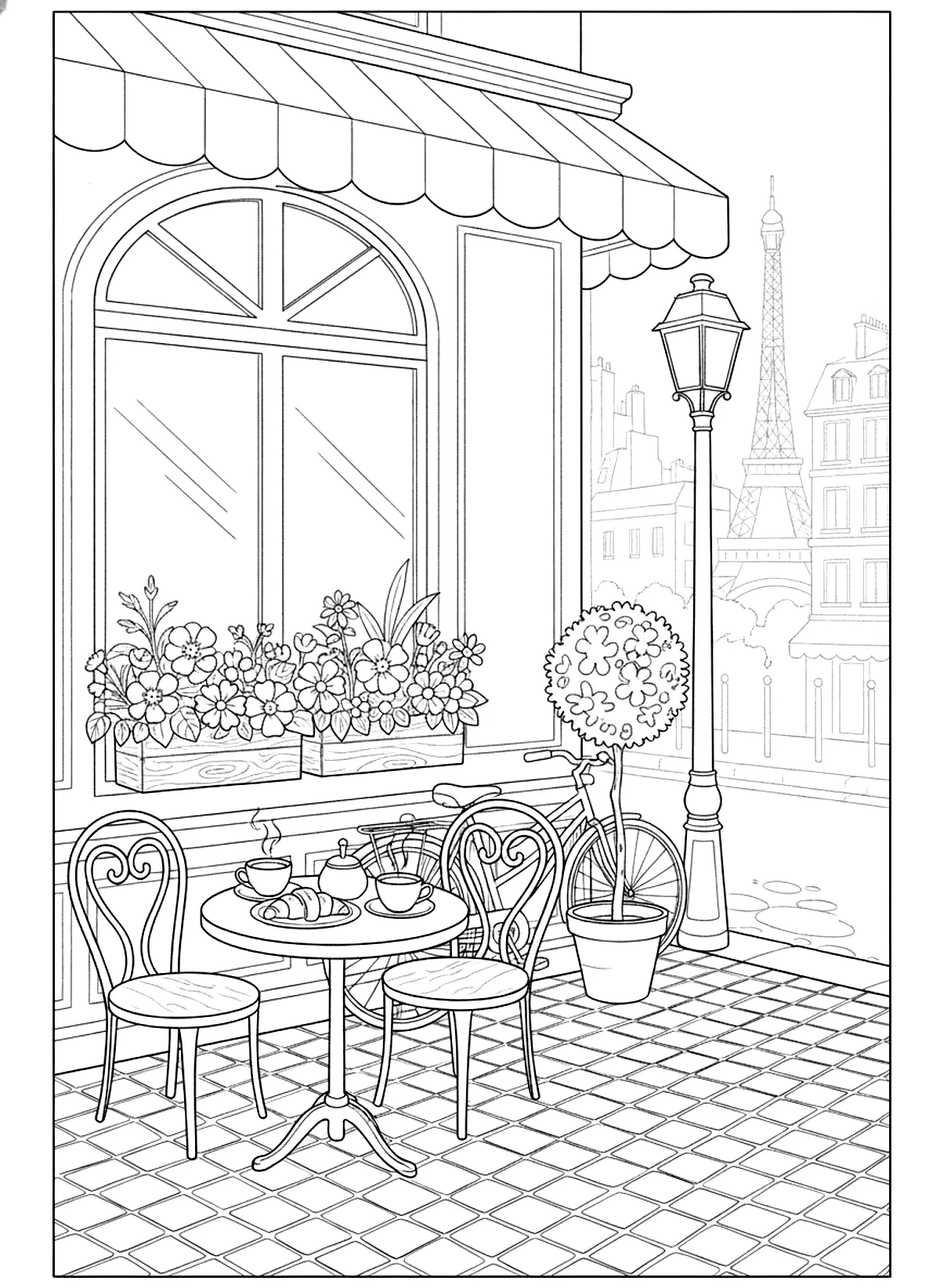 Coloring page of a Paris café corner with croissants, coffee cups, a bicycle, flower boxes and the Eiffel Tower in the distance