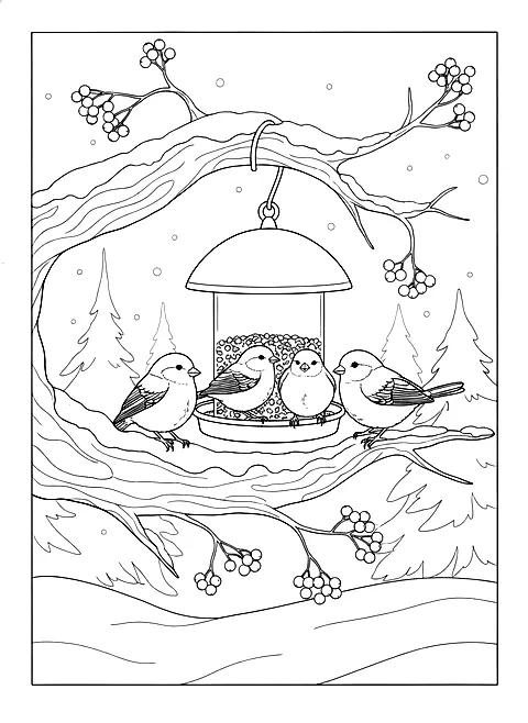Birds at the winter feeder coloring page for adults: small birds at a bird feeder hanging from a snowy branch with berries, black line art
