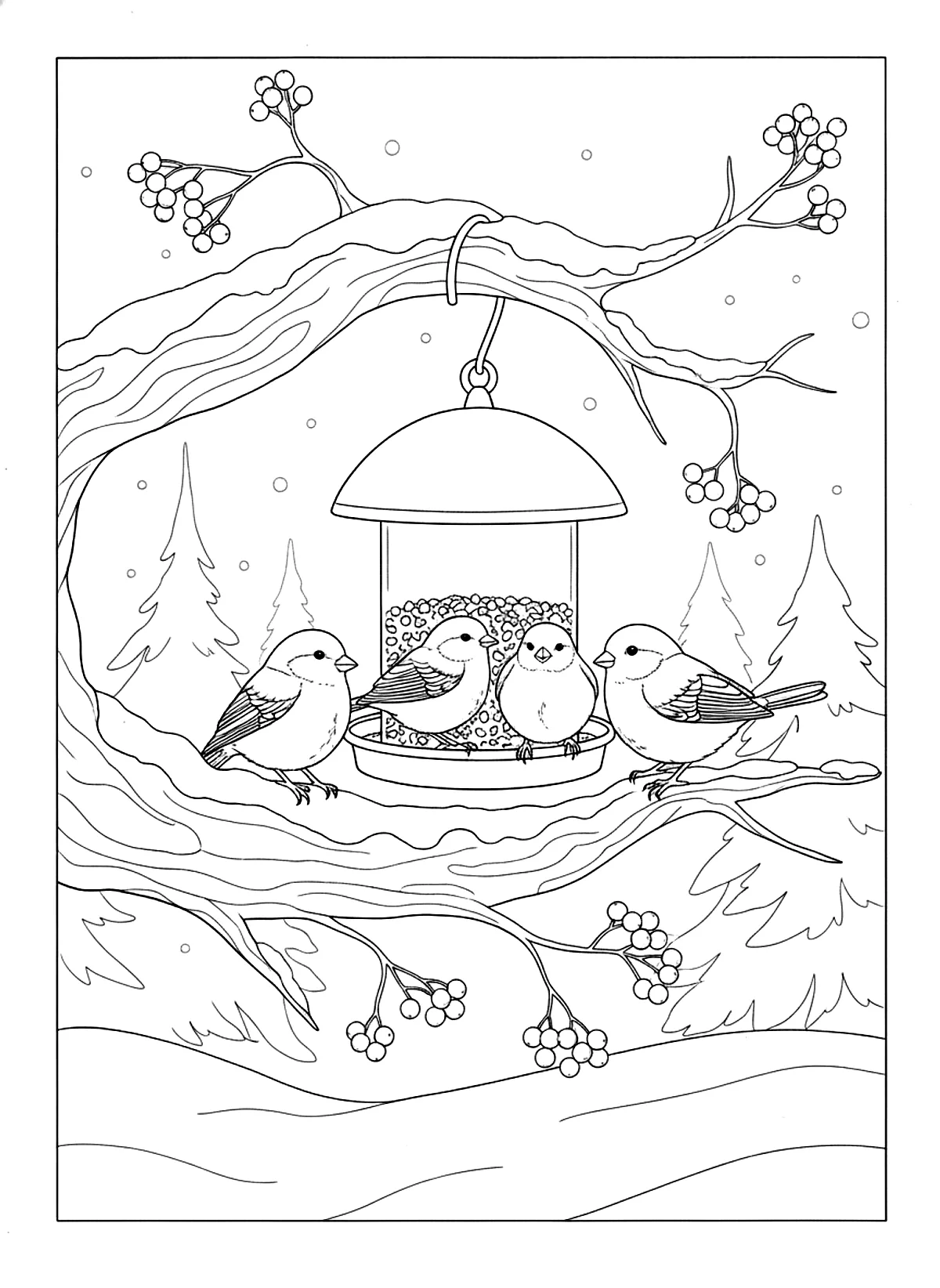 Birds at the winter feeder coloring page for adults: small birds at a bird feeder hanging from a snowy branch with berries, black line art