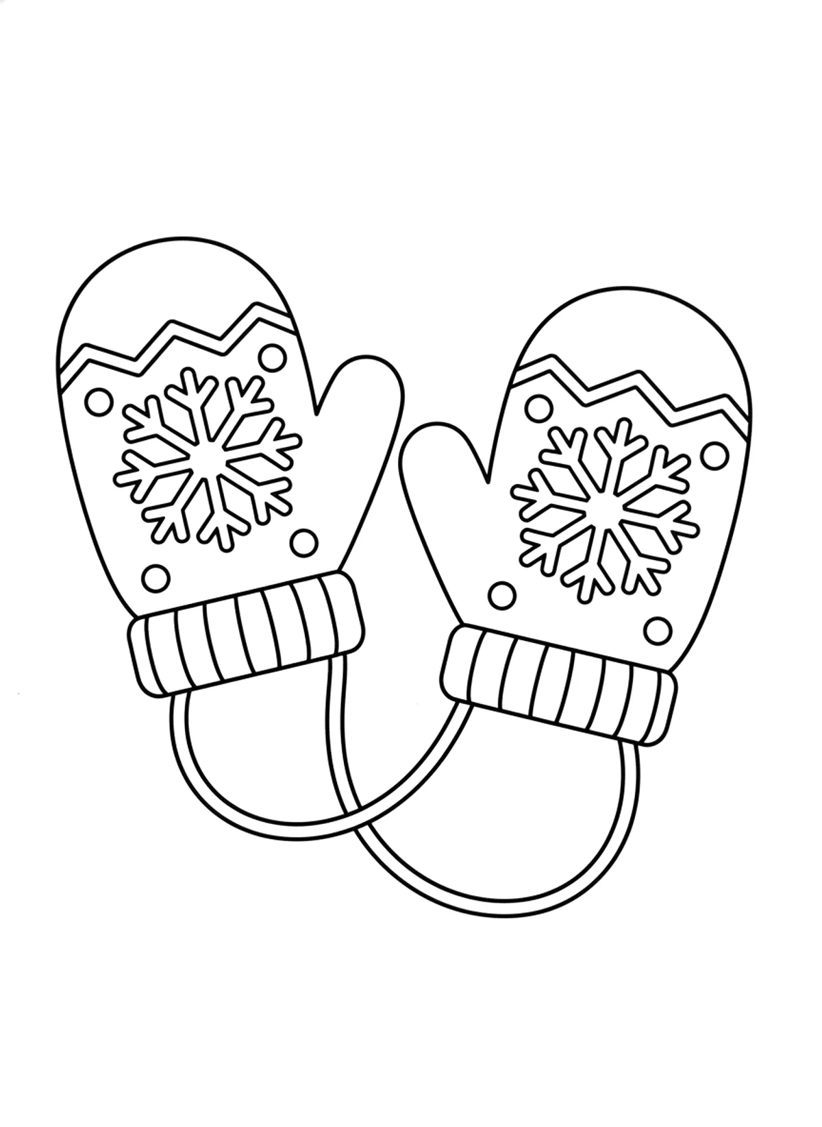 Bold mittens coloring page for adults: a pair of big simple mittens with a snowflake pattern on a string, black line art