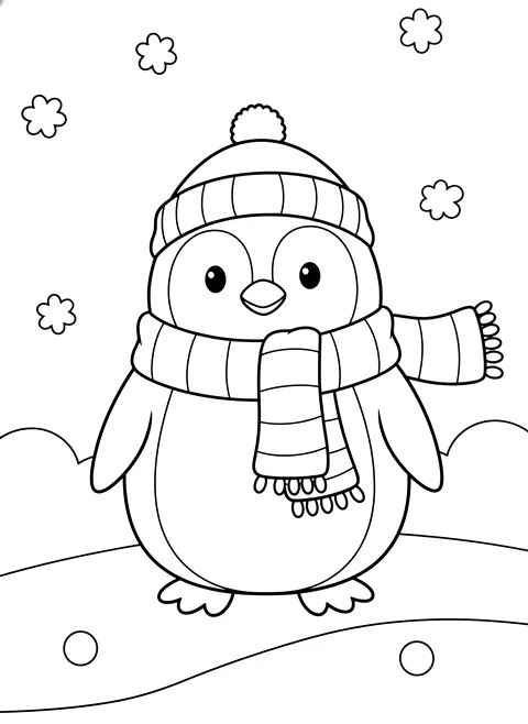 Bold penguin with a scarf coloring page for adults: a cute simple penguin wearing a scarf and a hat in the snow, black line art