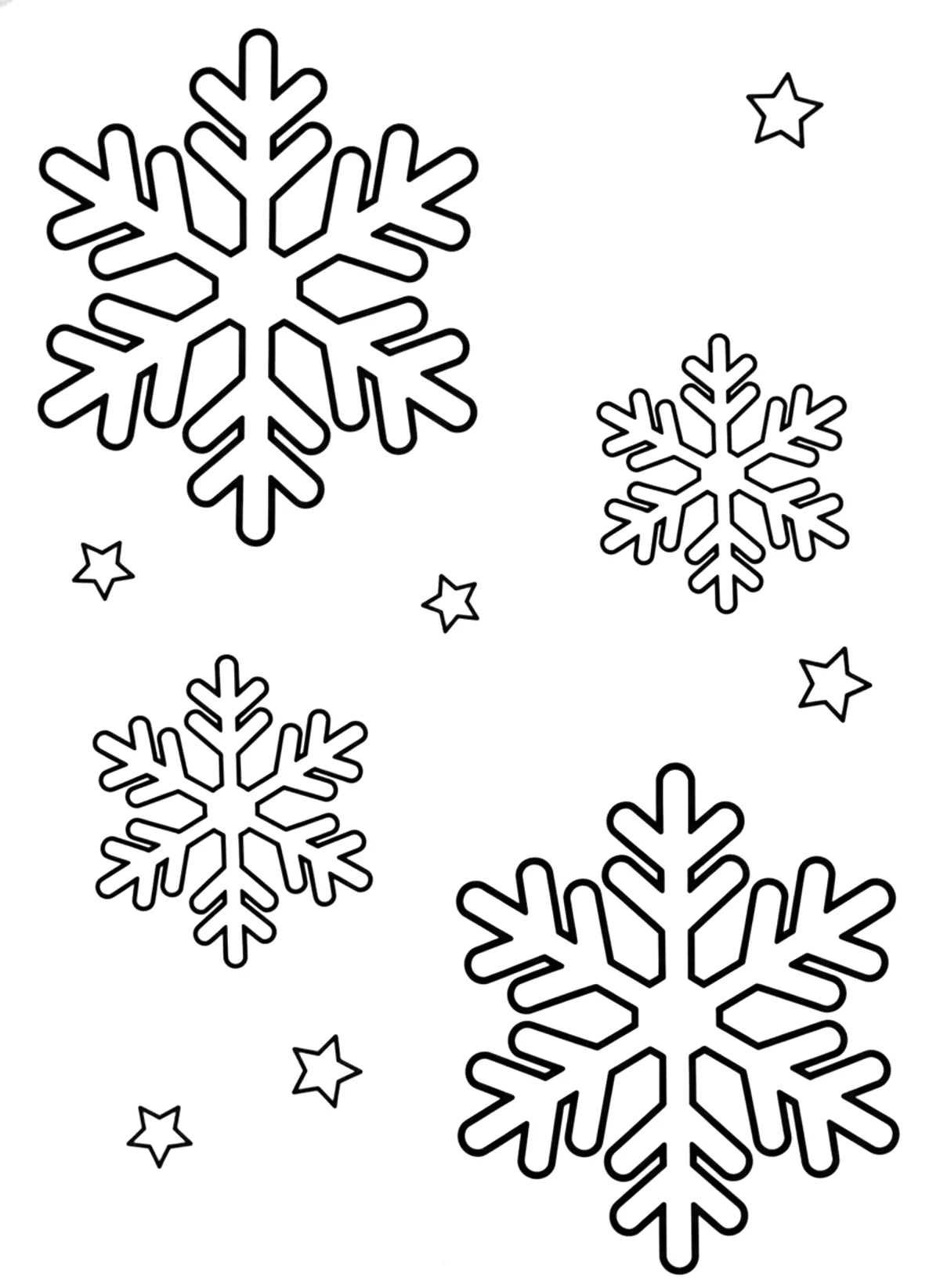 Bold snowflakes coloring page for adults: four big simple snowflakes with thick lines and a few small stars, black line art