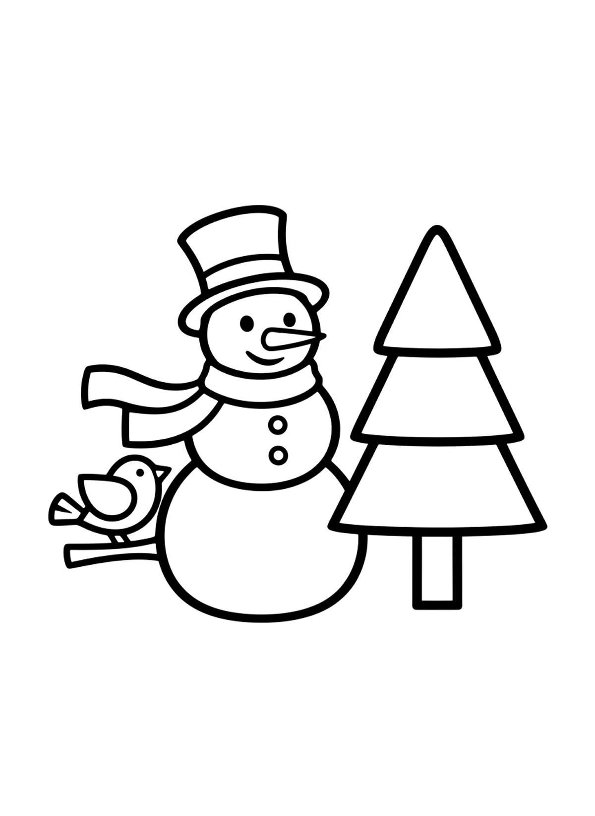 Bold snowman and friends coloring page for adults: a simple snowman with a hat and scarf next to a little bird and a pine tree, black line art