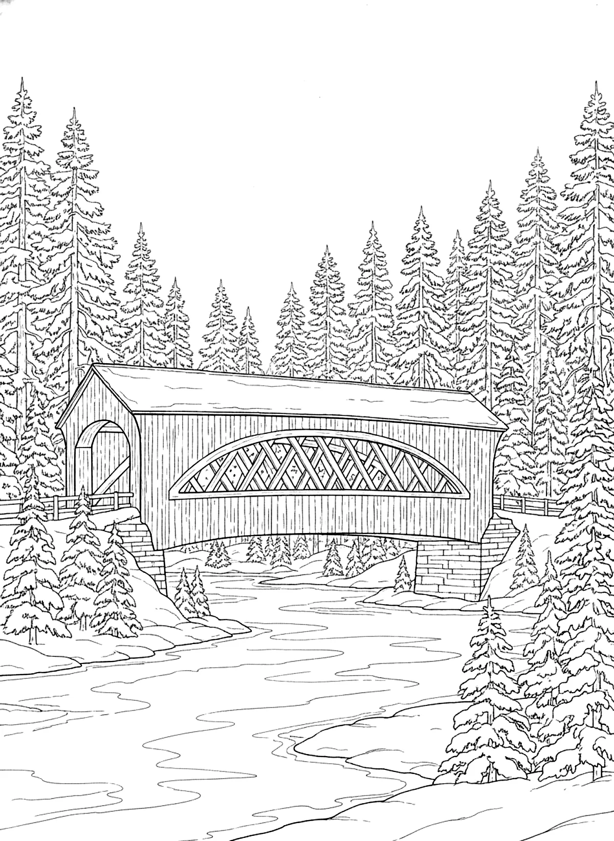 Snowy covered bridge coloring page for adults: a wooden covered bridge over a frozen river with snowy pine trees, black line art