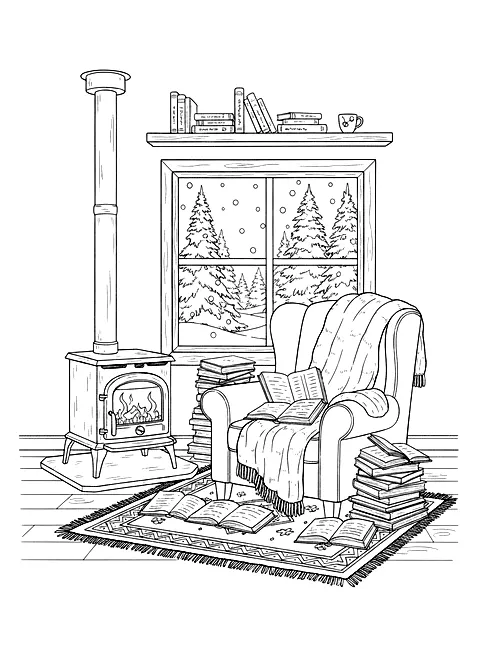 Inside the winter cabin coloring page for adults: a cozy cabin interior with an armchair, blanket, books, a wood stove and snow outside the window, black line art