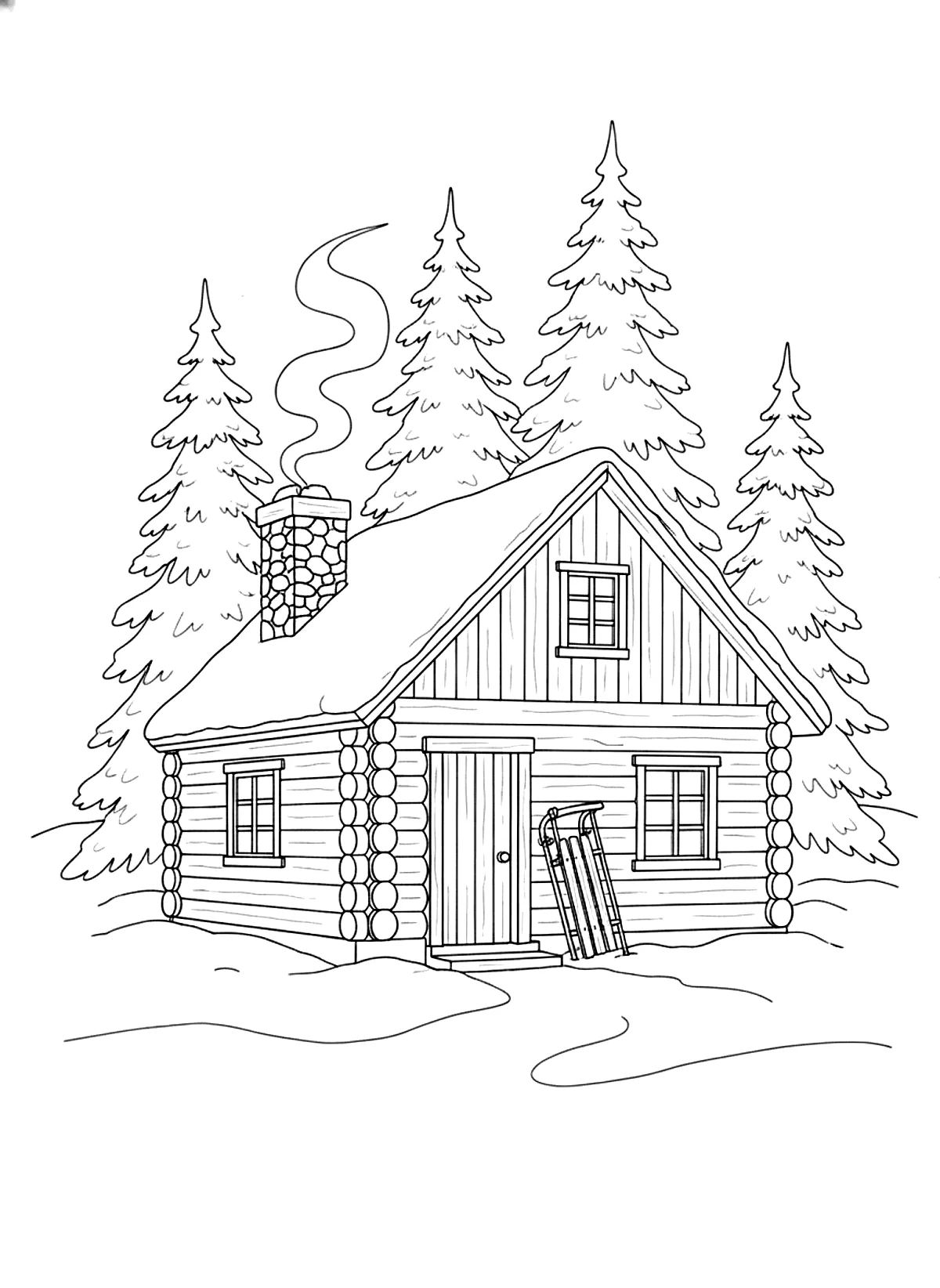 Snowy log cabin in the pines coloring page for adults: a snowy log cabin among pine trees with smoke from the chimney and a sled by the door, black line art