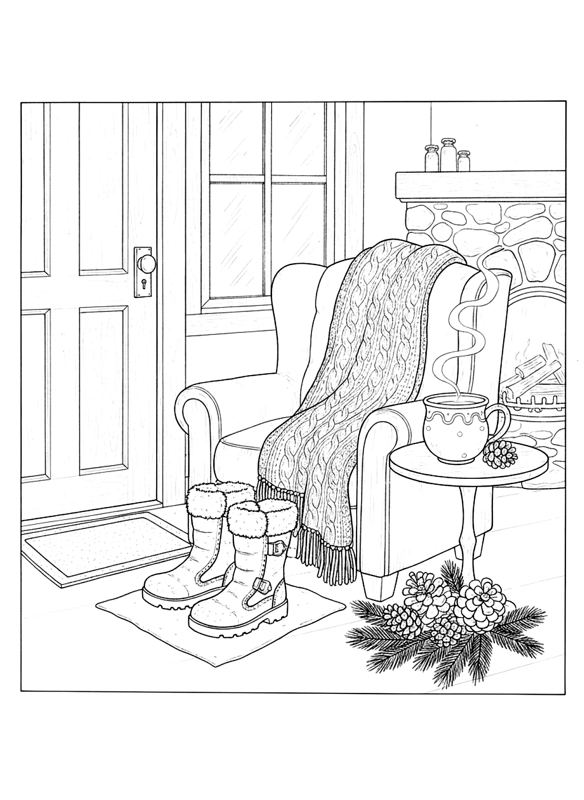 Boots and a knitted blanket coloring page for adults: winter boots, a knitted blanket, a mug and pine cones by the door, black line art