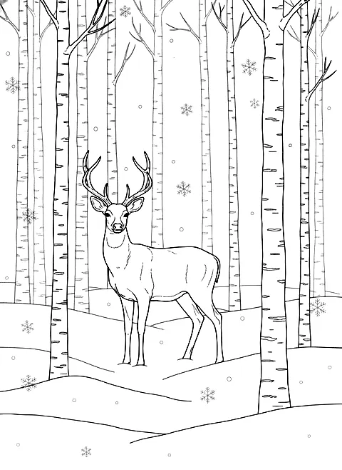 Deer in the winter forest coloring page for adults: a deer standing in a quiet snowy forest with birch trees and falling snow, black line art